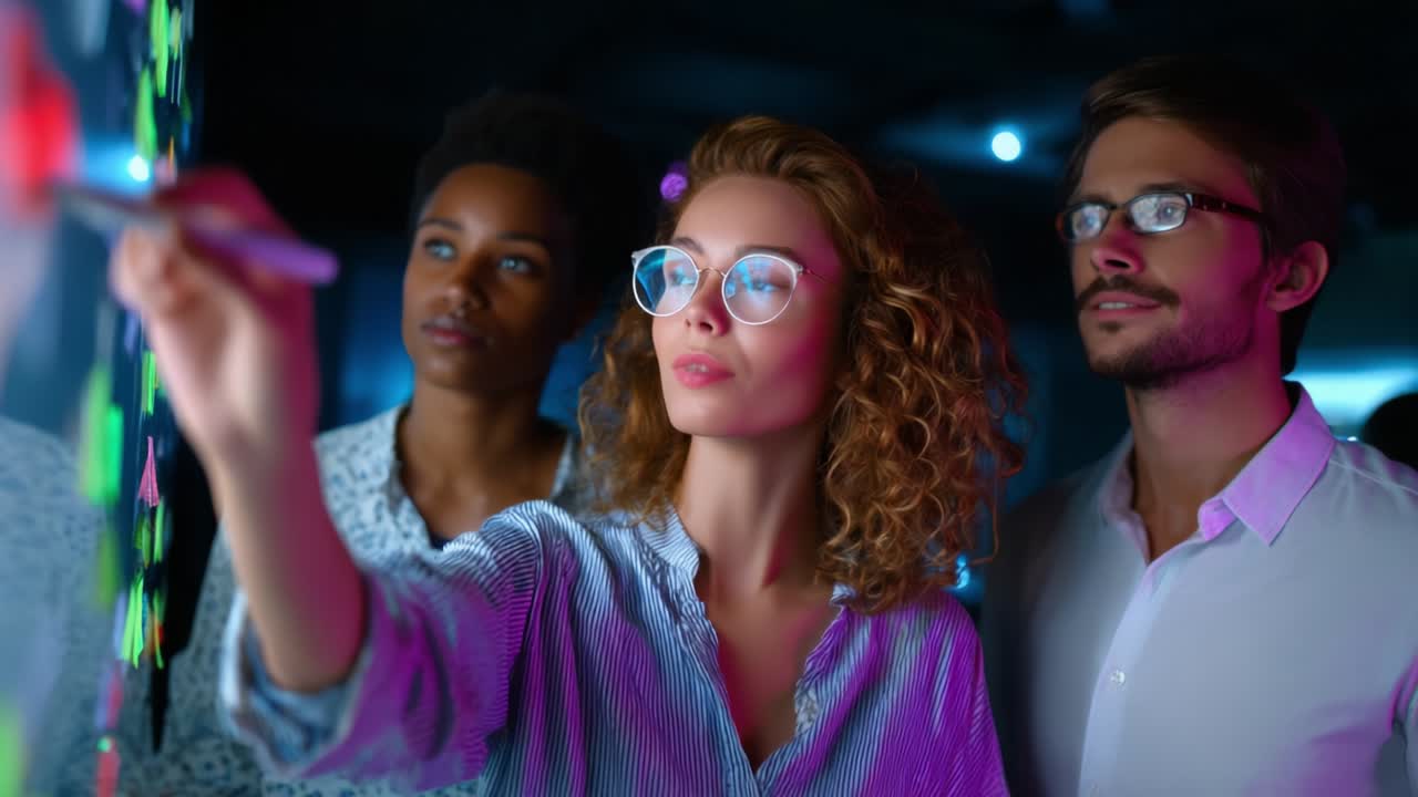 Collaboration dynamique dans un espace créatif : des personnes engagées participent à une séance de brainstorming, apportant des idées et des représentations visuelles sur un tableau numérique amélioré avec des graphiques colorés.