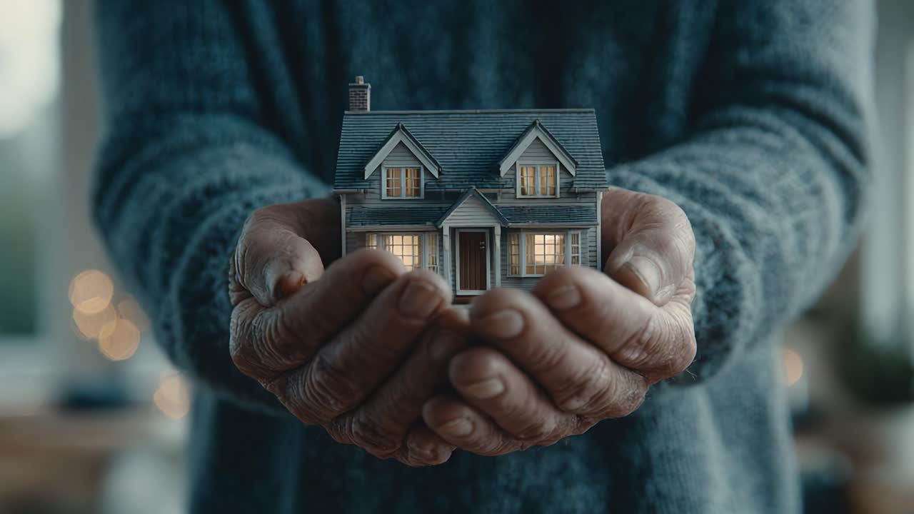 Een liefdevol gebaar: handen die een miniatuurmodel van een huis vasthouden, als symbool voor comfort, thuis en zorg in een warme sfeer