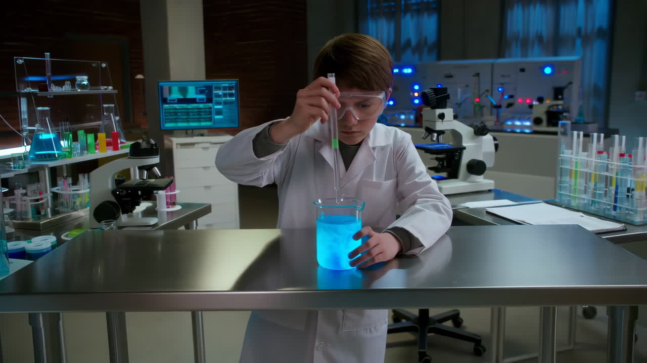 A young boy in a lab coat conducting a science experiment