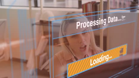 animation of data processing over caucasian businesswoman using phone headset