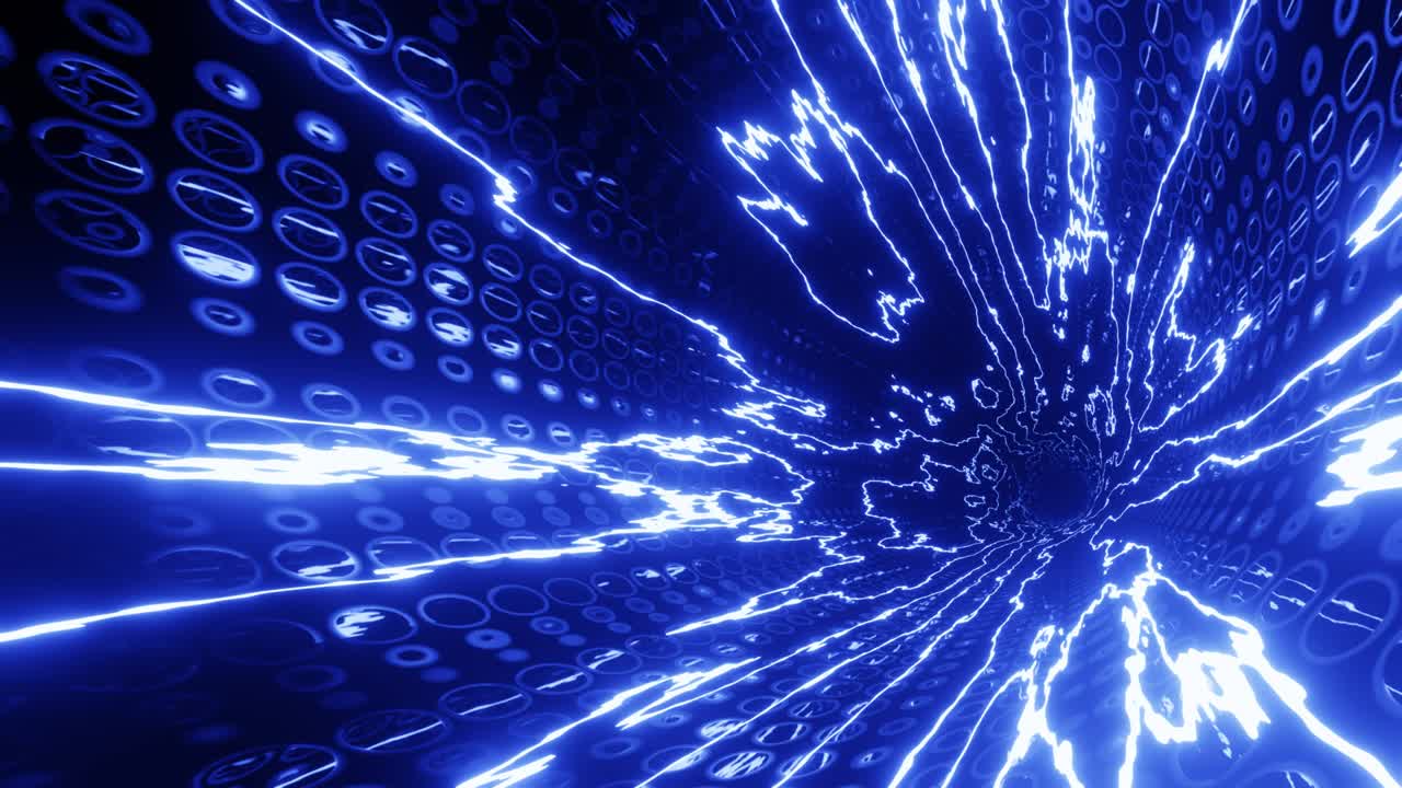 Hi-tech neon sci-fi tunel. Trendy neon glow lines form pattern and construction in mirror tunnel. Curled glow lines. Fly through technology cyberspace. 3d looped seamless 4k bright youth background.