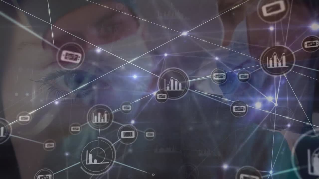 animación de la red de conexiones e iconos sobre un equipo de diversos cirujanos durante la operación