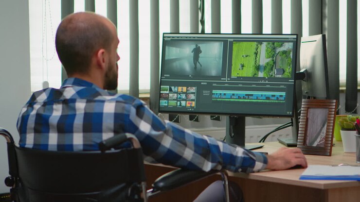 Disabled videographer editing a video project