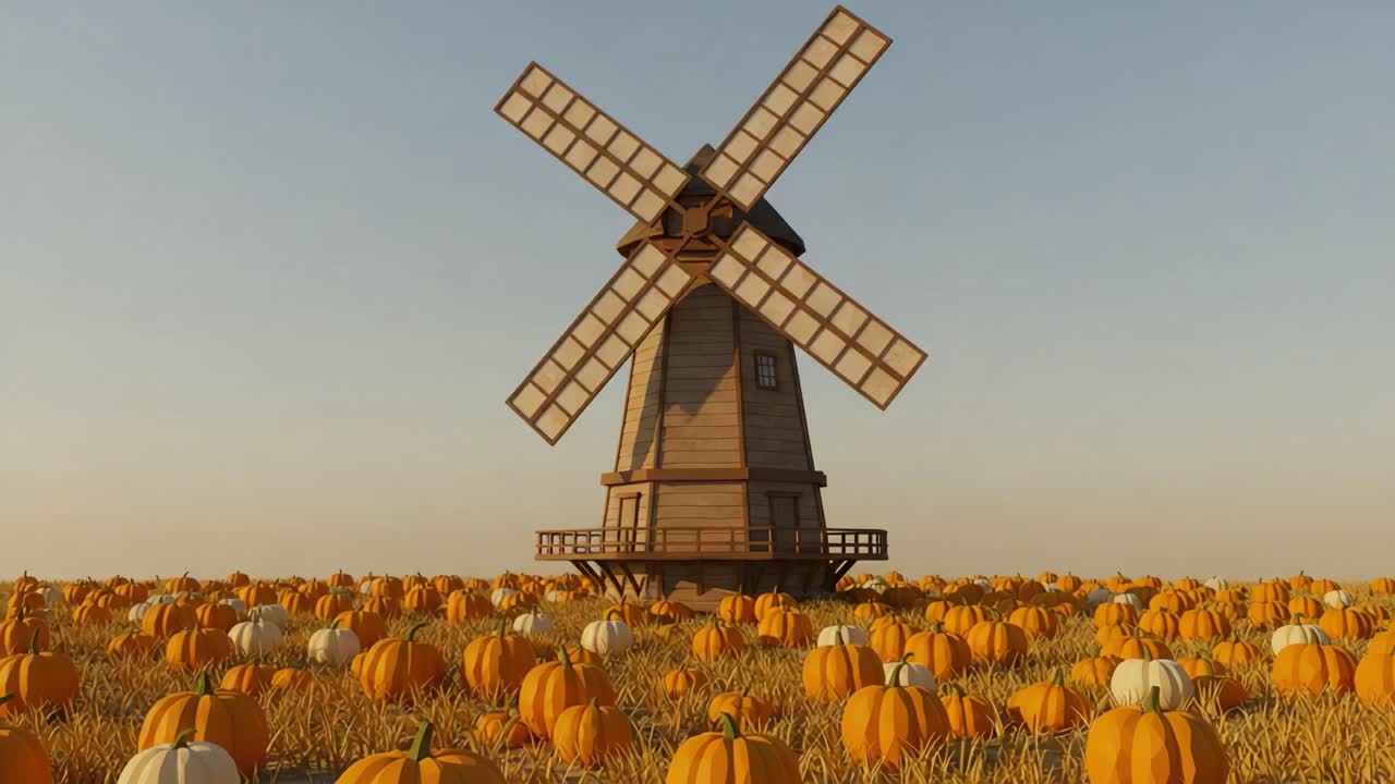 A Scenic Autumn Landscape Featuring a Charming Windmill Surrounded by Fields of Pumpkin Patches in Various Colors Under a Clear Sky
