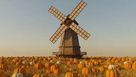 a scenic autumn landscape featuring a charming windmill surrounded by fields of pumpkin patches in various colors under a clear sky