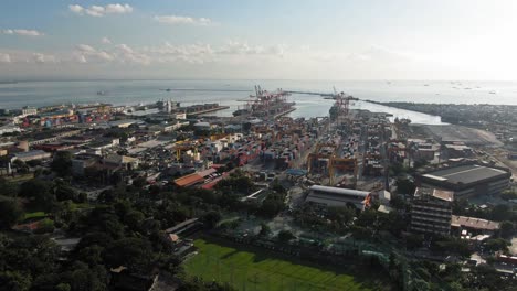 aerial drone view of cargo international gateway port with ships and cranes