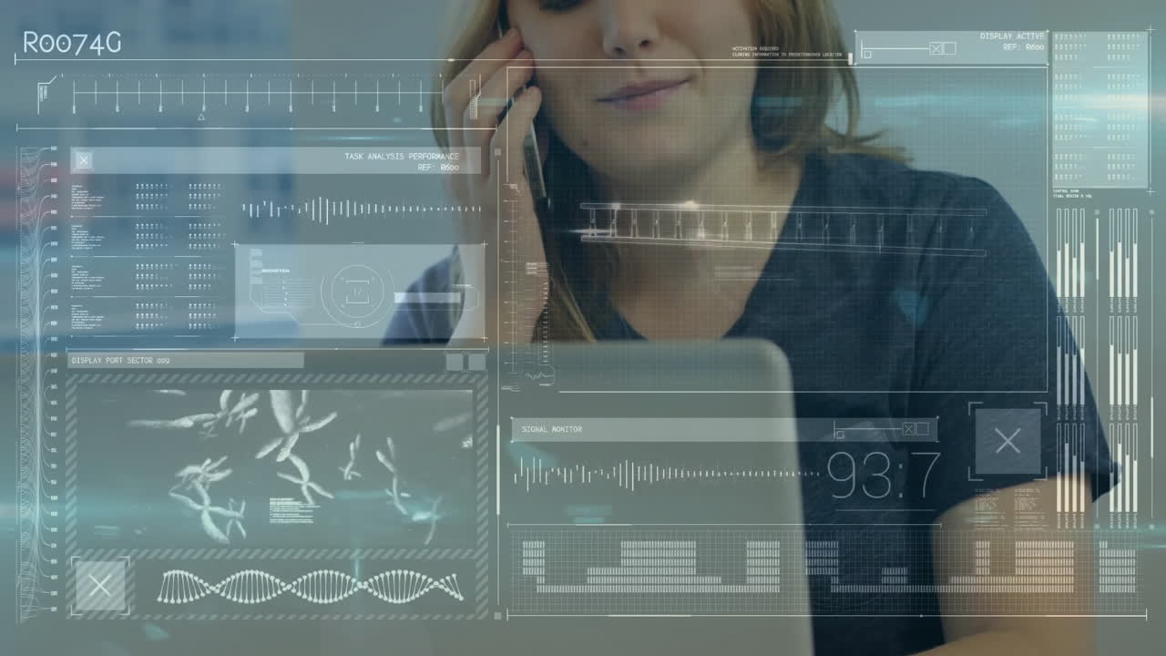 전화로 대화하고 노트북을 사용하는 여성, 과학 데이터 처리 애니메이션