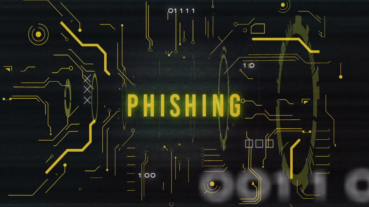 Animation of phishing text and digital data processing over black background
