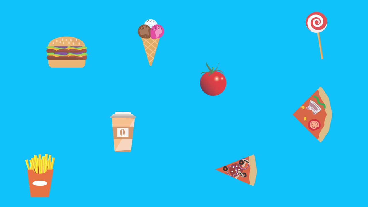 elementos de fast food animação em tela azul chave de croma, design plano, fonte gráfica