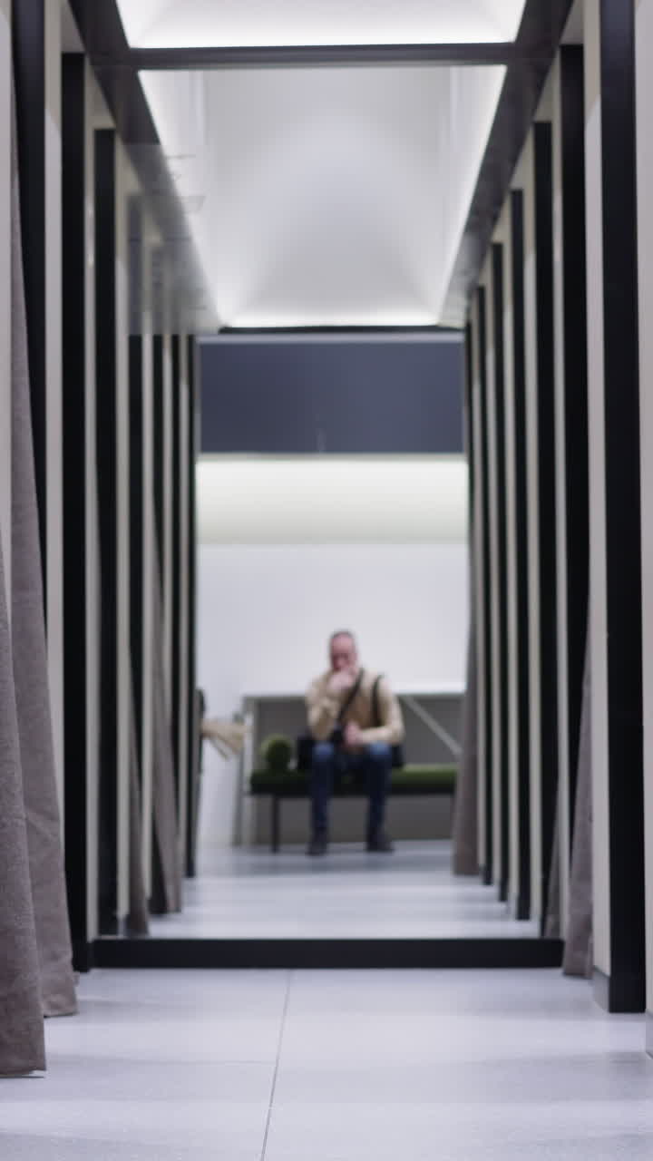 Empty pathway between dressing rooms and man sitting on bench in shopping mall. Contemporary fashion store equipment. Consumerism and retail