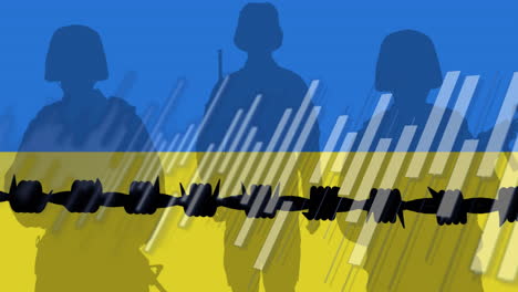 animation of fence over soldiers and flag of ukraine