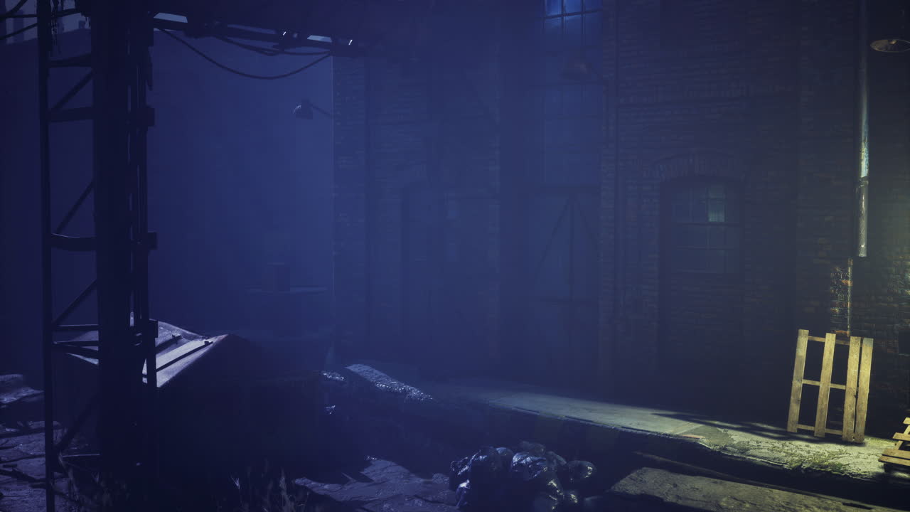 Mysterious urban alleyway illuminated by faint light at night