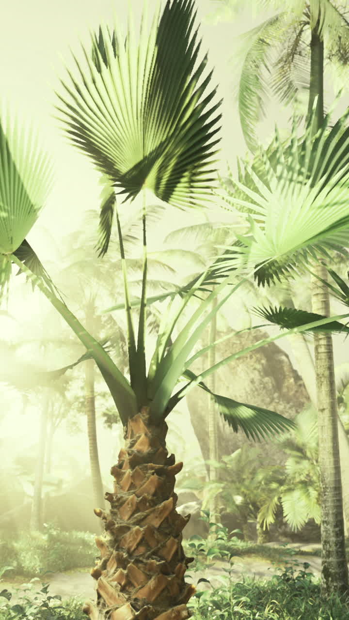 Sunlight filters through lush foliage in a vibrant tropical jungle setting