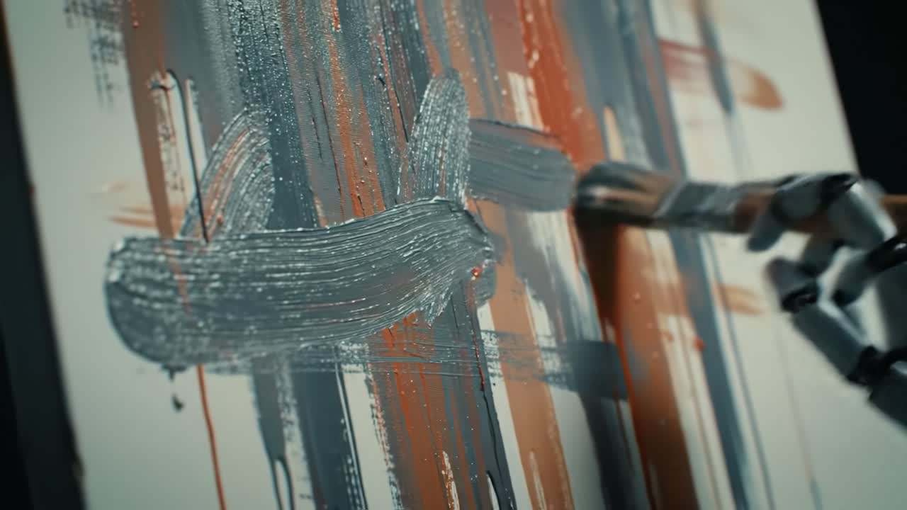 An Innovative Robotic Artist Creates a Vivid Abstract Painting with Dynamic Brushstrokes and Creative Color Blending Techniques on Canvas