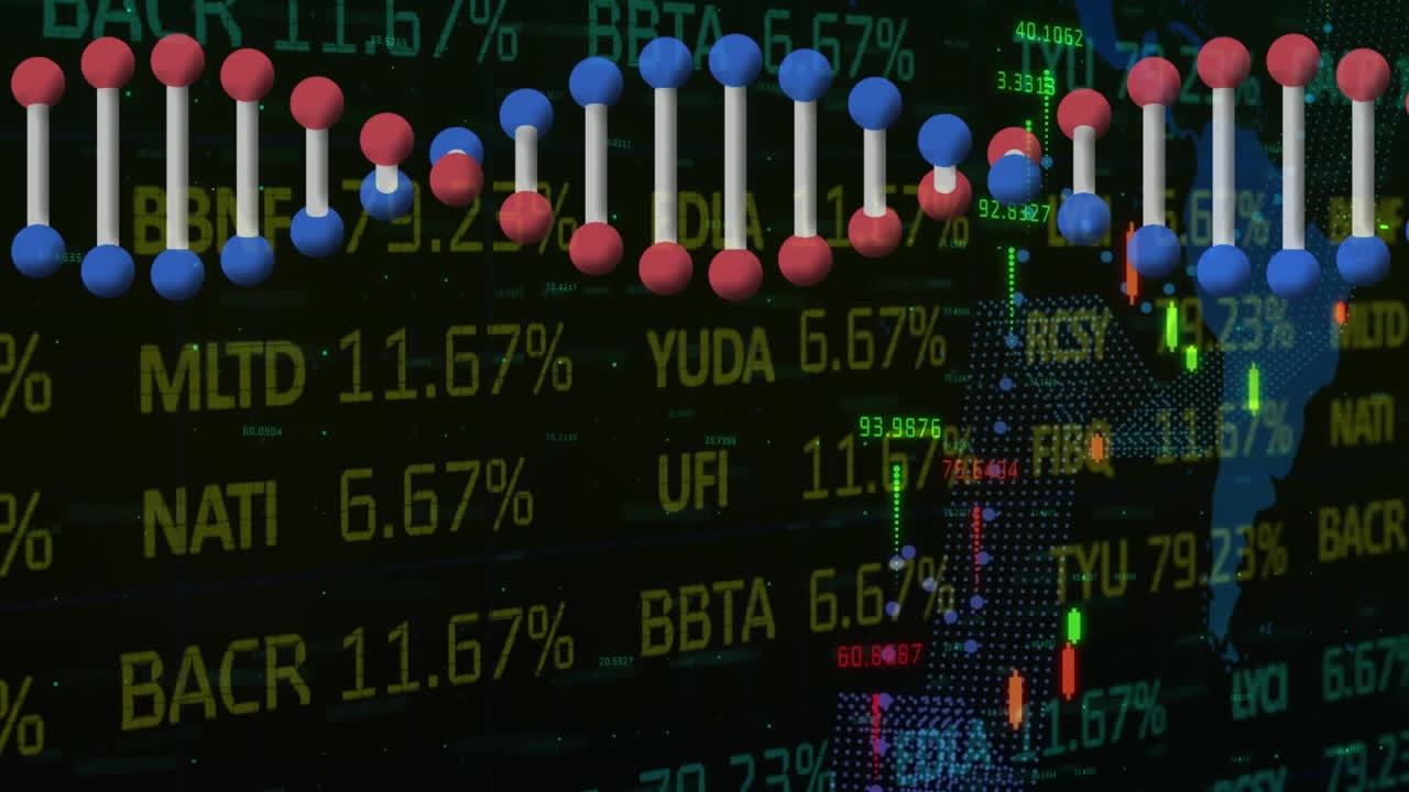 세계 지도 상에서 dna 가닥 회전 통계와 데이터 처리의 애니메이션