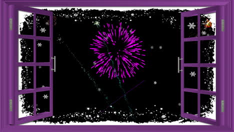 animación de ventana abierta con estrellas y coloridos fuegos artificiales de navidad y año nuevo en el cielo nocturno