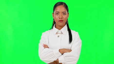 Face,-green-screen-and-serious-woman-with-arms