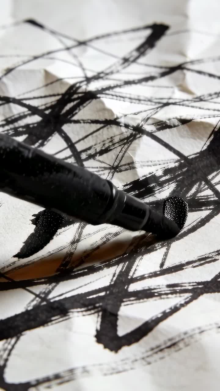 Markerstiftspitze berührt zerknittertes Papier und zeichnet eine kräftige Kurve für ein Design, glänzende Tinte abgebend.