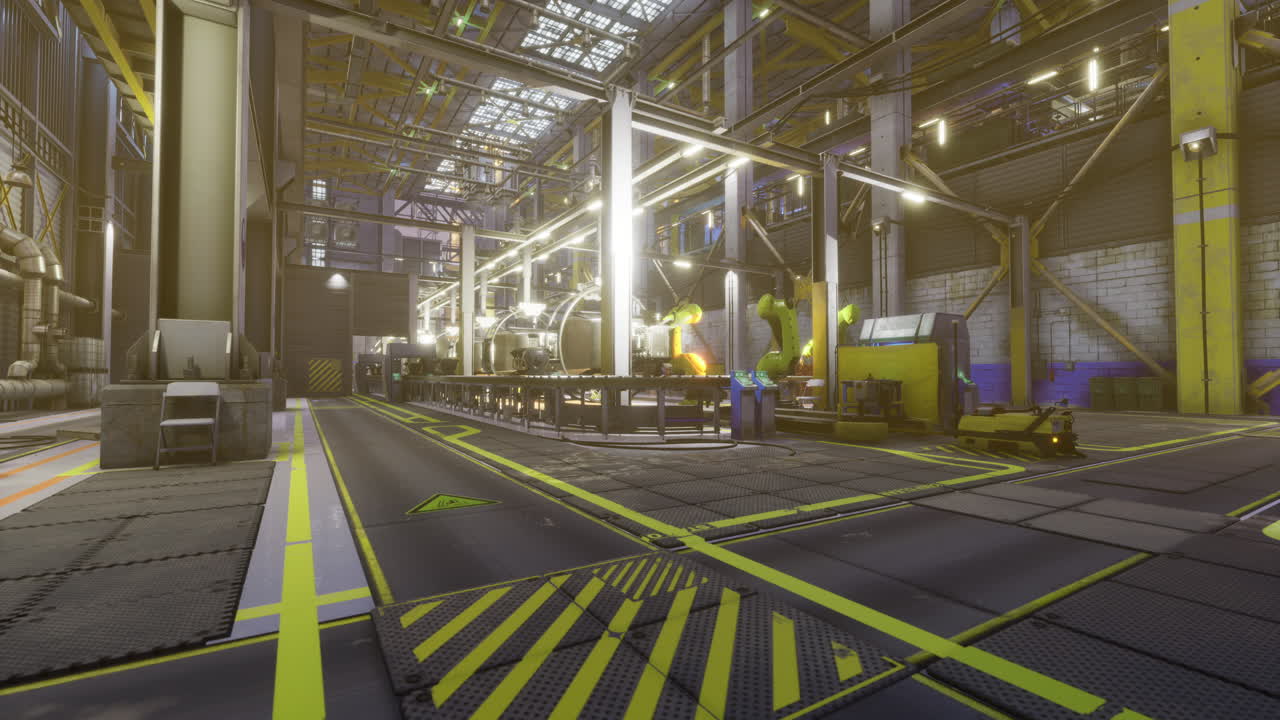 интерьер промышленного завода с машинами и ярким освещением в дневное время