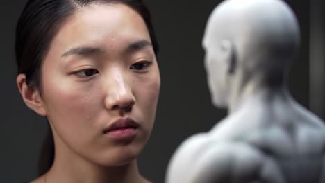 a thoughtful encounter: examining the intricacies of a human form sculpture by an observer in a captivating artistic setting