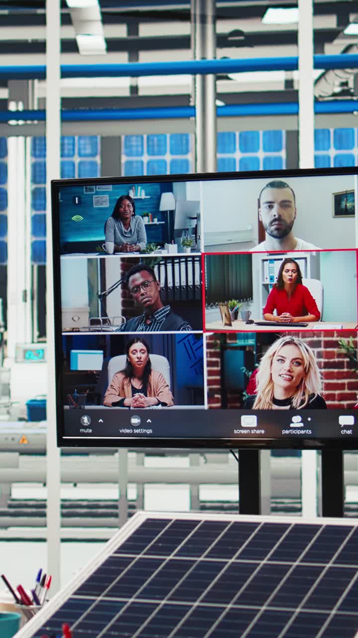 Vertical video Shareholders in photovoltaics plant analyze market trends during videocall