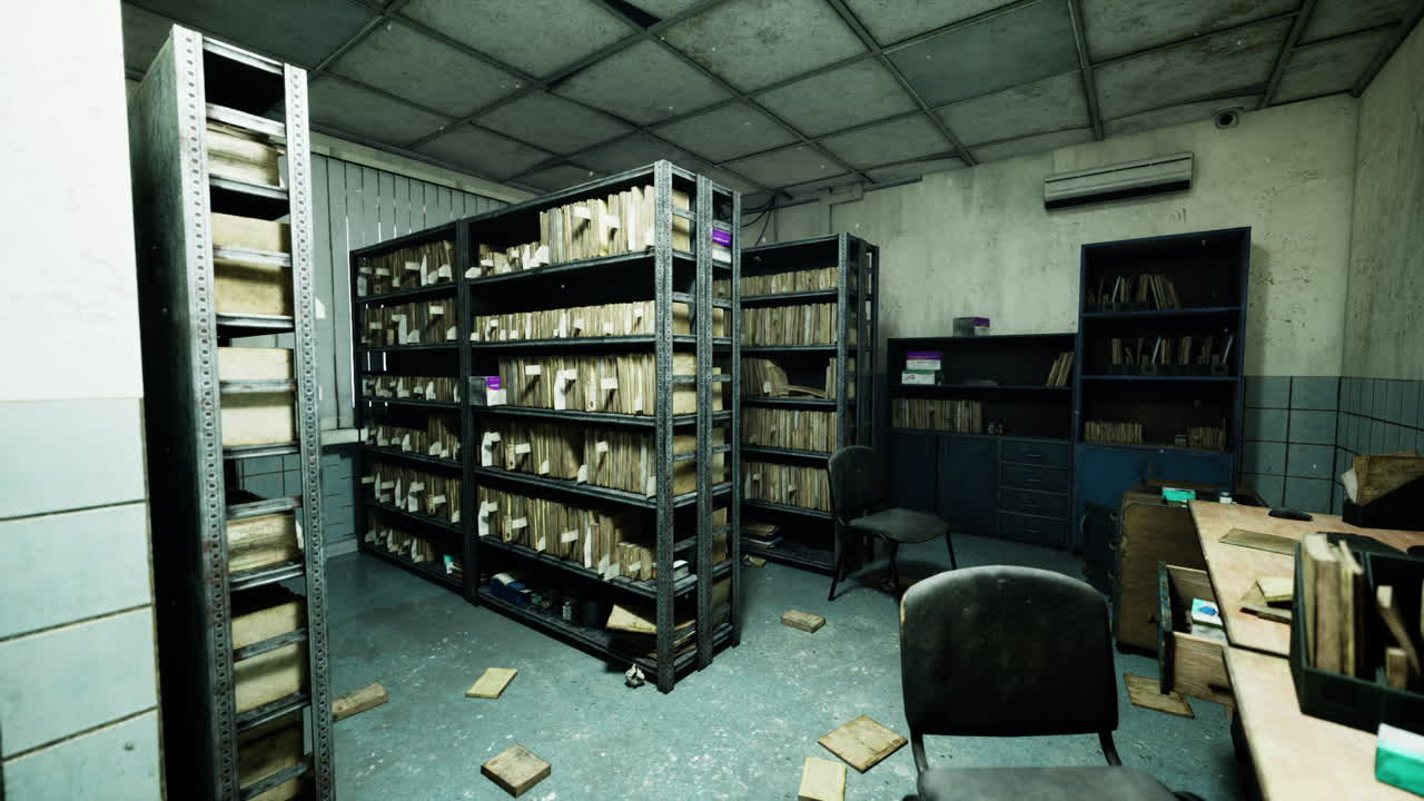 una oficina desordenada con estanterías, archivos y un escritorio