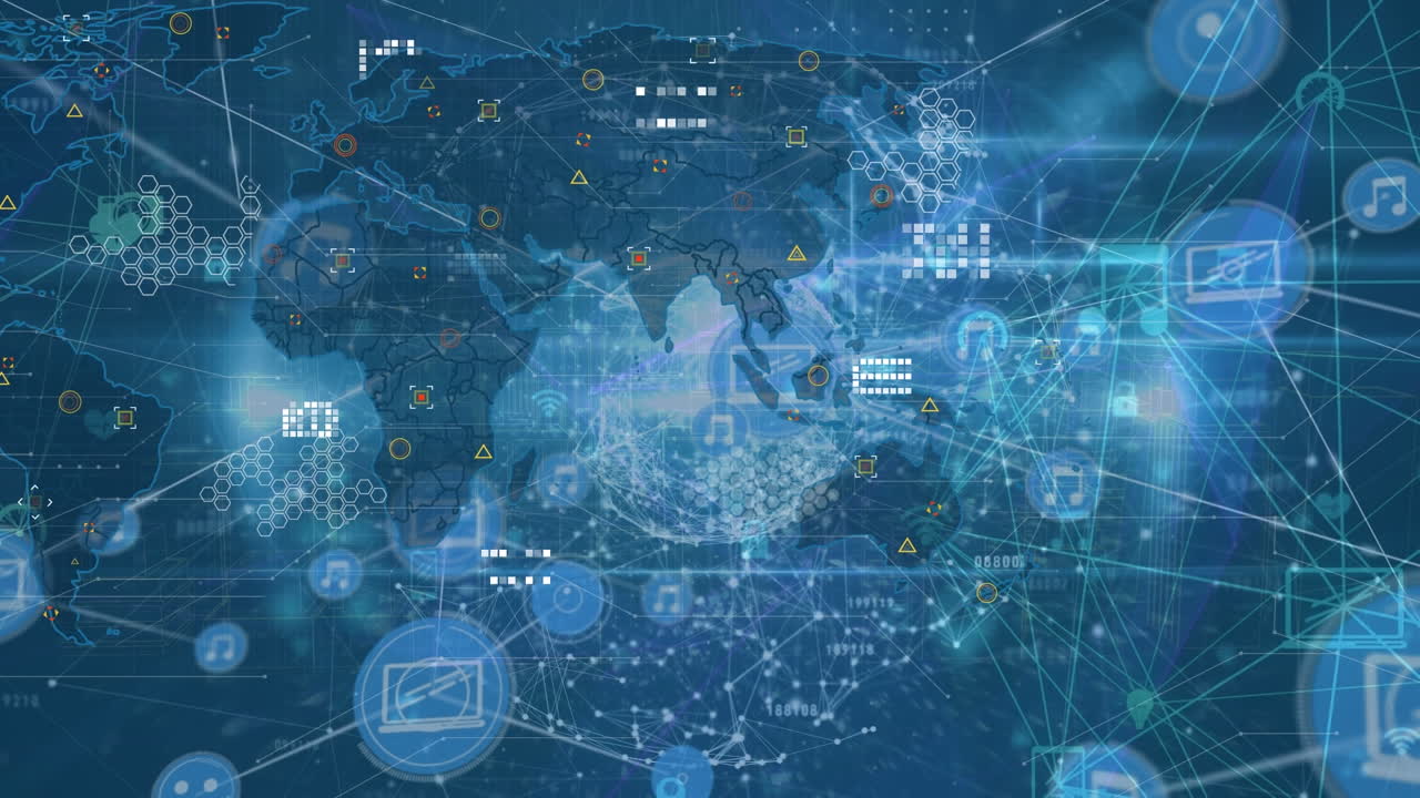 세계 지도, 연결, 지구, 해군 배경의 아이콘의 애니메이션
