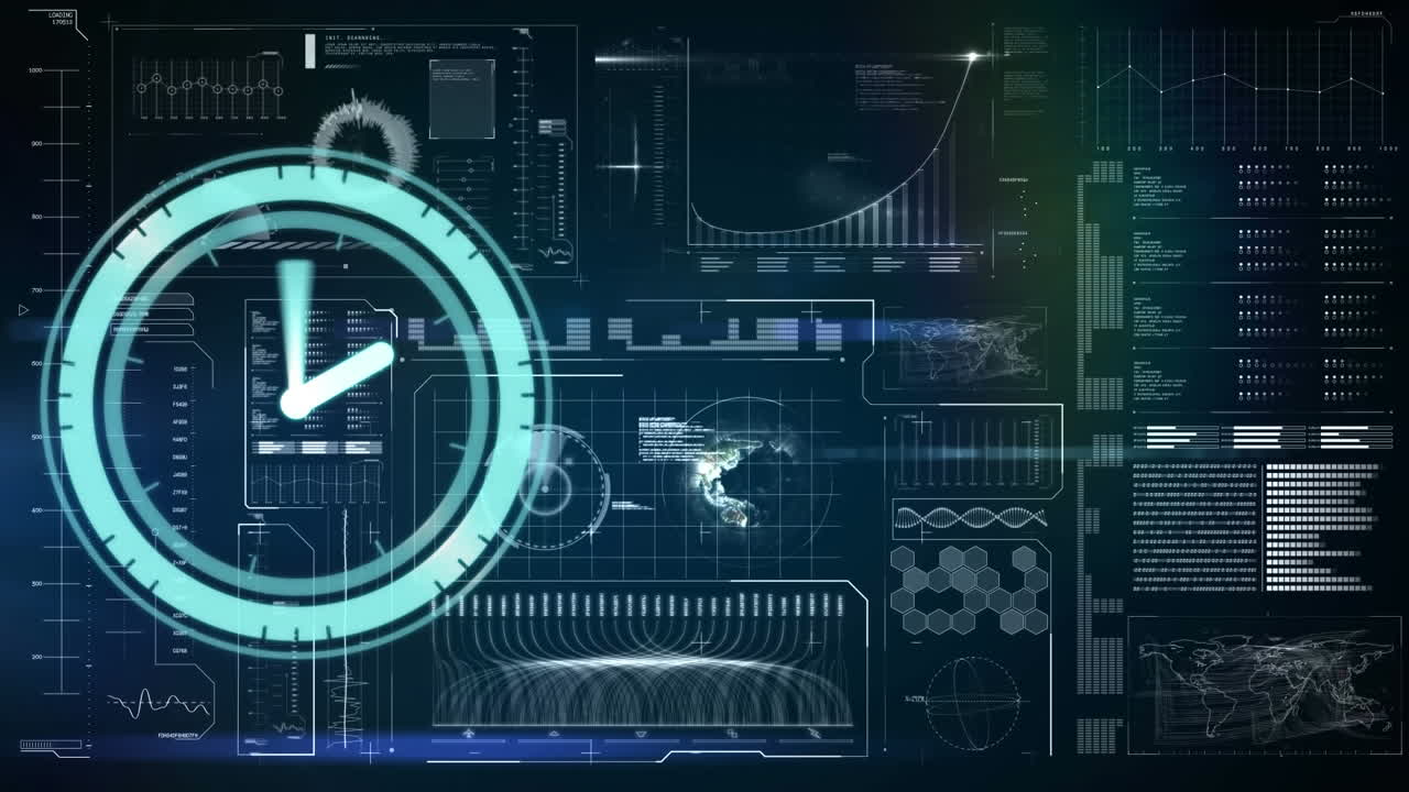 Animation of clock moving and data processing on blue background