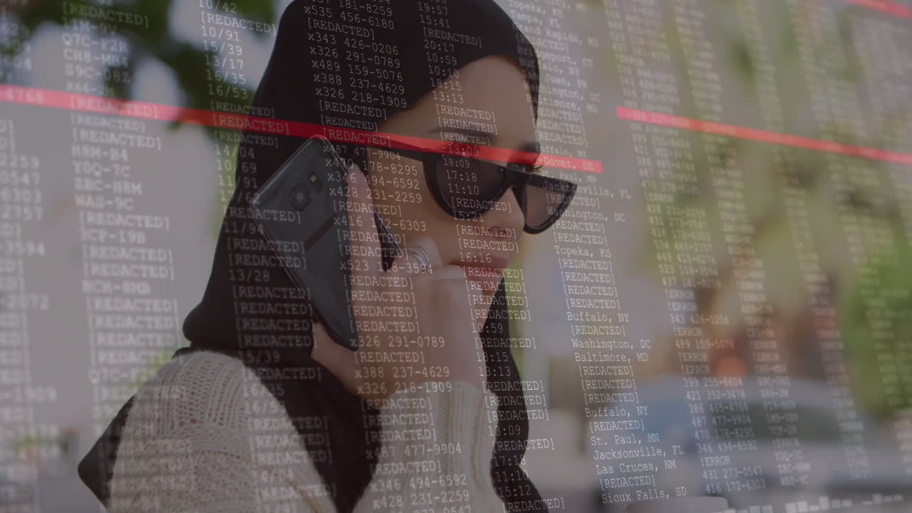 Woman in hijab talking on phone with data processing animation overlay