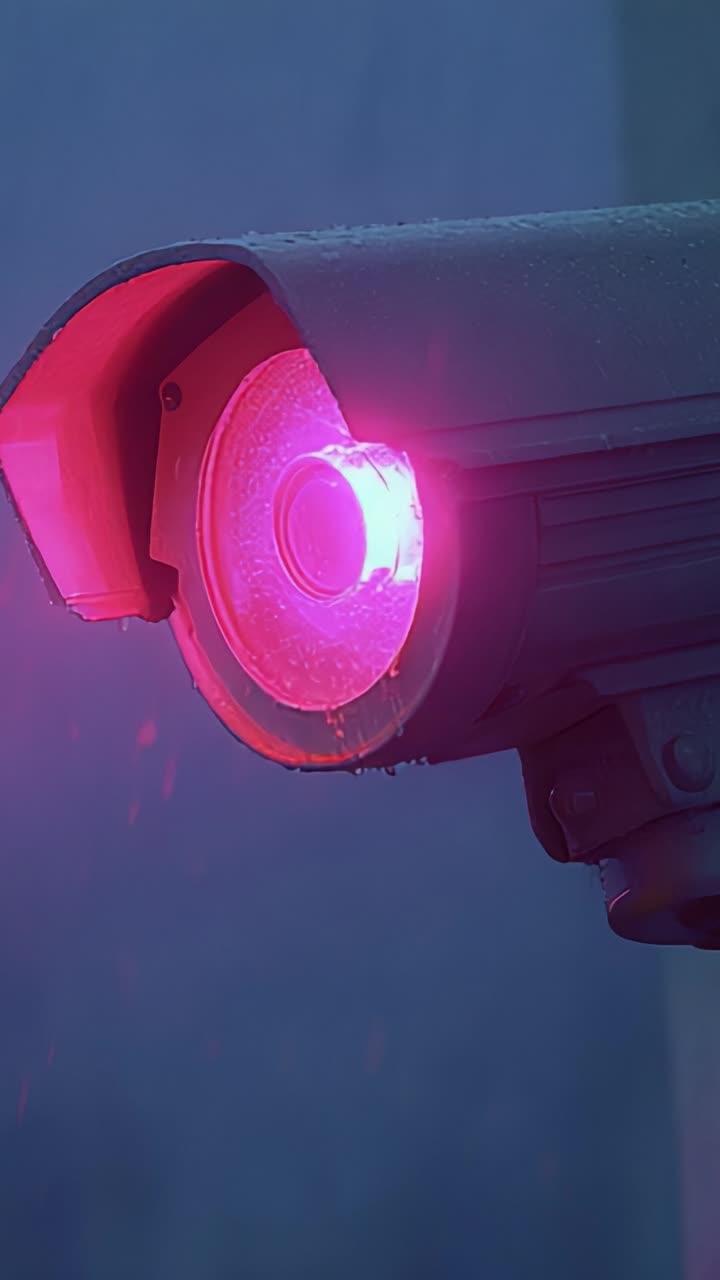 Telecamera di sicurezza di sorveglianza mirata con luce rosa vibrante e gocce di pioggia catturate in un artistico primo piano