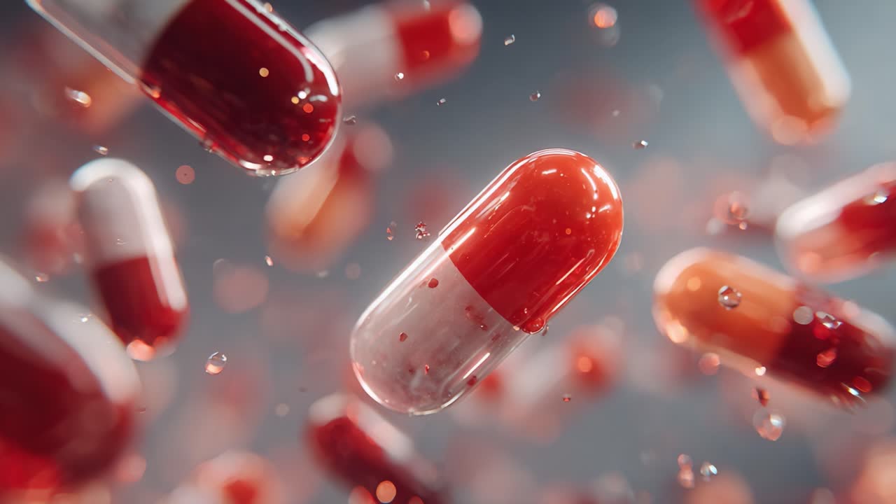 A Captivating Display of Floating Red and White Capsules, Capturing the Essence of Medicine and Healthcare in a Dynamic Microcosmic Scene
