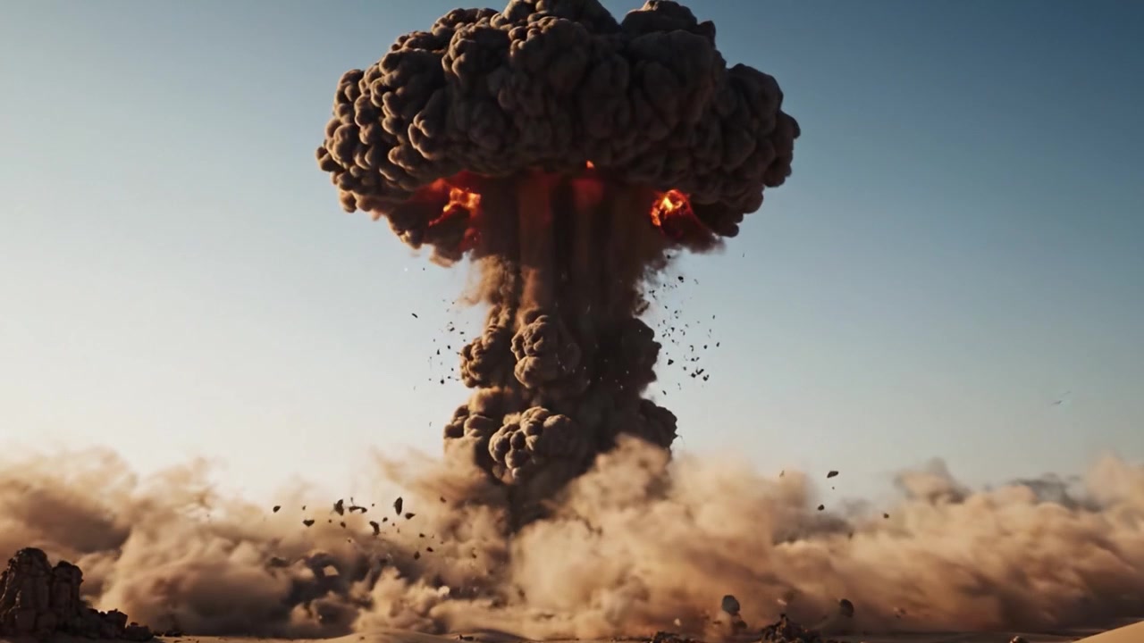 Zerstörung entfesseln: Eine gewaltige Explosion bricht in einer Wüstenlandschaft aus und schafft eine katastrophale Szene vor einem klaren Himmel mit massiven Rauch- und Trümmerwolken