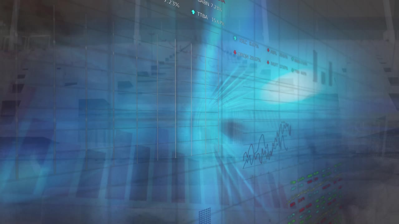Animation of financial data processing over diverse business people walking