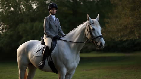 woman riding a white horse in a park