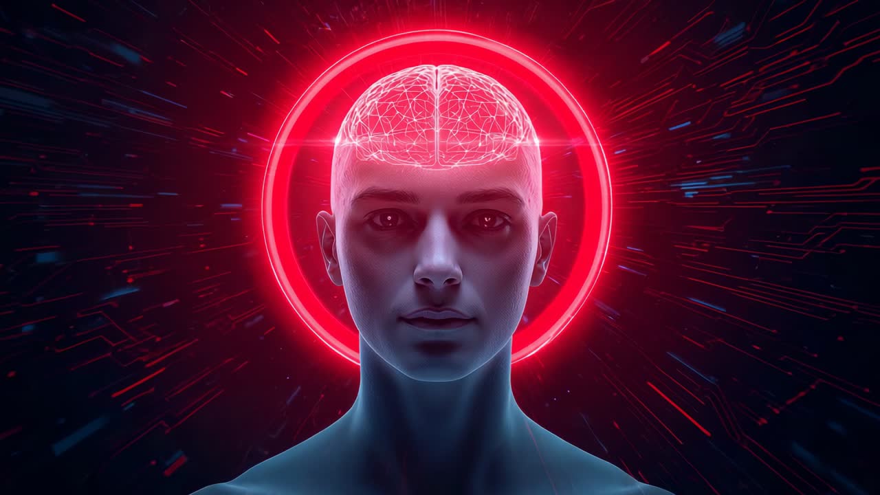 Reacting to red halo pulsing, AI head lighting brain mesh, flaring eyes in cyberspace, bare torso