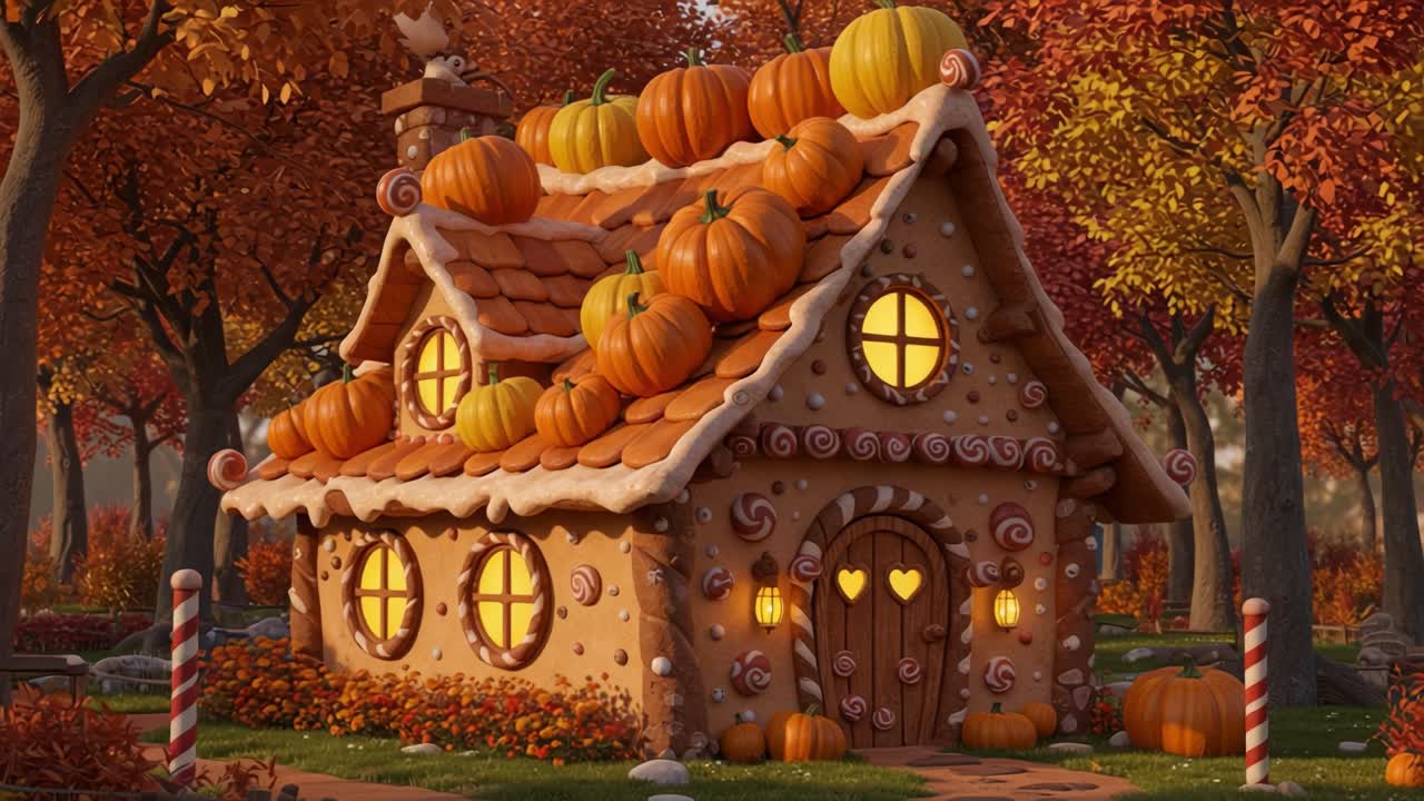 A whimsical pumpkin-adorned gingerbread house nestled amidst a vibrant autumn landscape, surrounded by colorful trees showcasing rich fall foliage