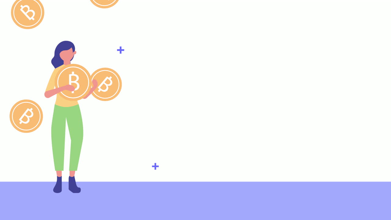 personaje de mujer joven con bitcoins lluvia