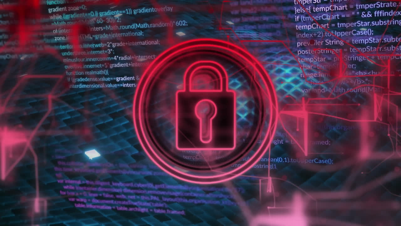 animazione dell'icona del lucchetto di sicurezza, delle tracce di luce rossa e dell'elaborazione dei dati su sfondo blu