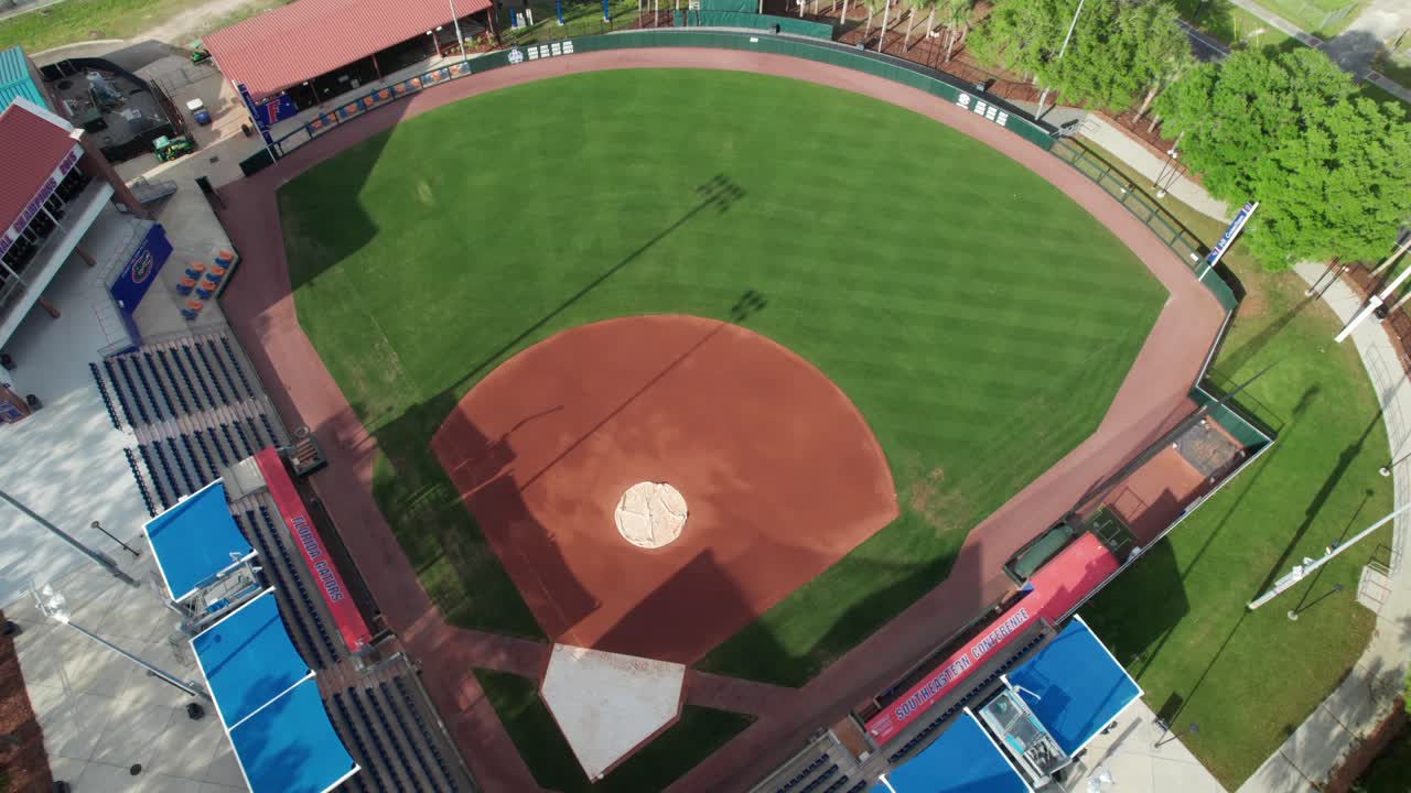 Gorgeous overhead aerial of softball park, Pressly Stadium at University of Florida, Gators Softball, 4K aerial