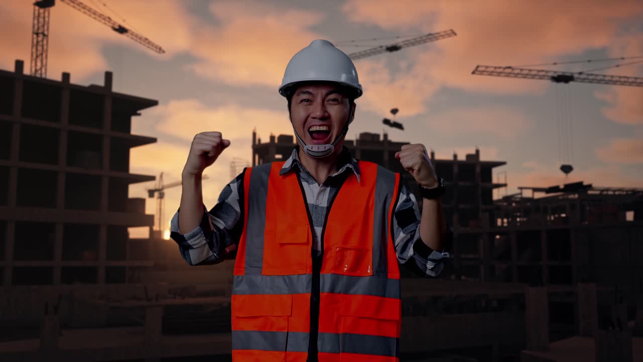 Asian Male Engineer With Safety Helmet Screaming Goal Celebrating Working At Building & Construction Site in Progress to New House