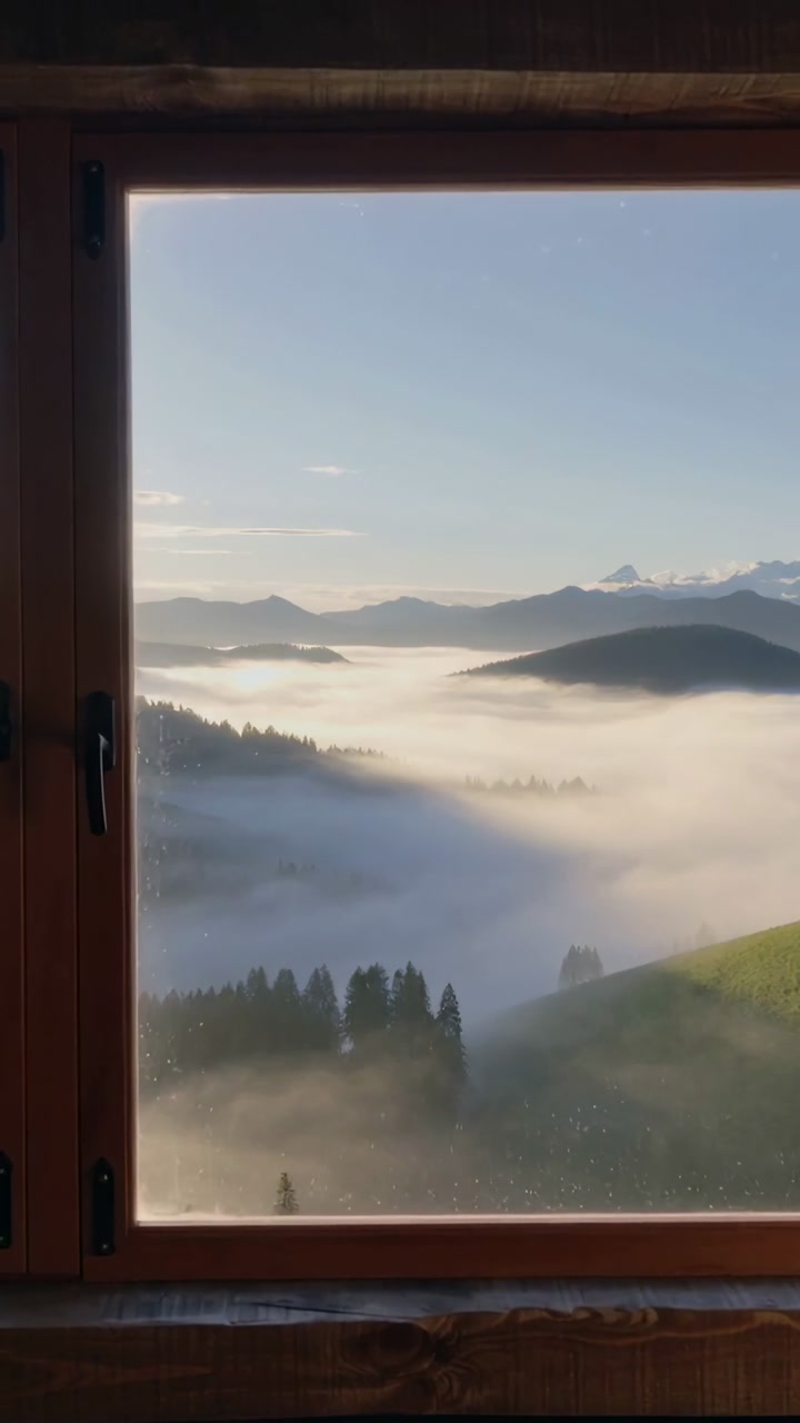 Vertical video: Warming sun causing valley fog lifting through wooden window, revealing right hill