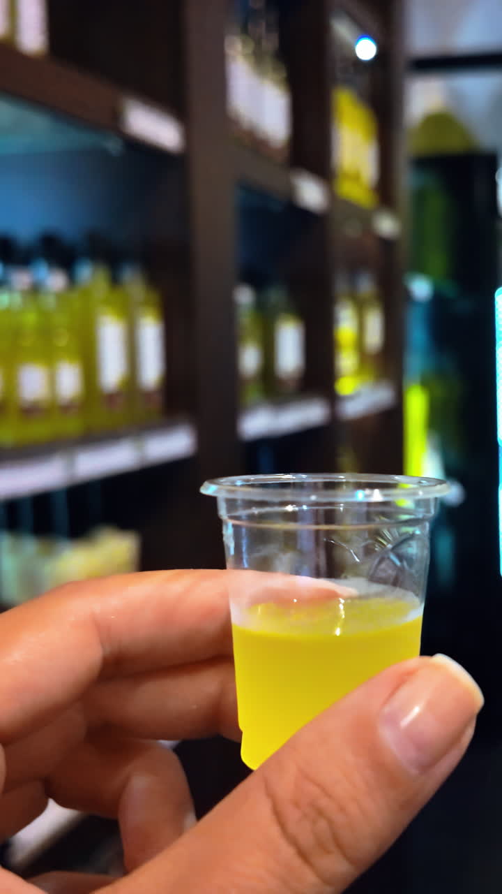 Close up of a woman's hand holding a shot of limoncello in a store. Vertical