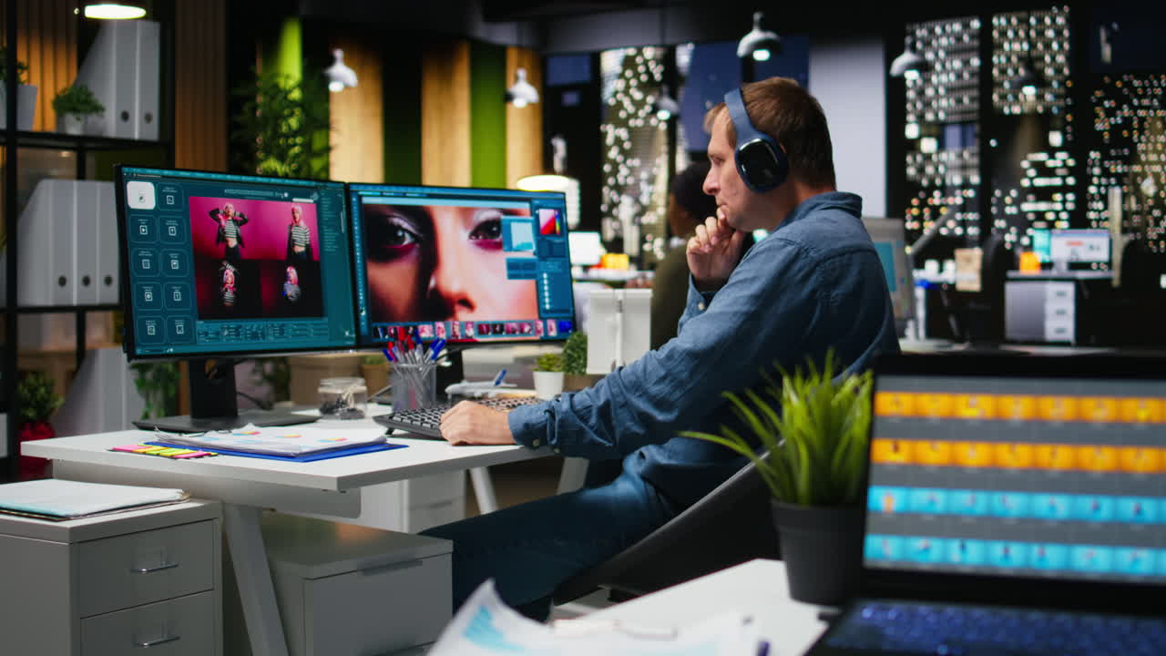 Male graphic designer using AI powered content for image retouching