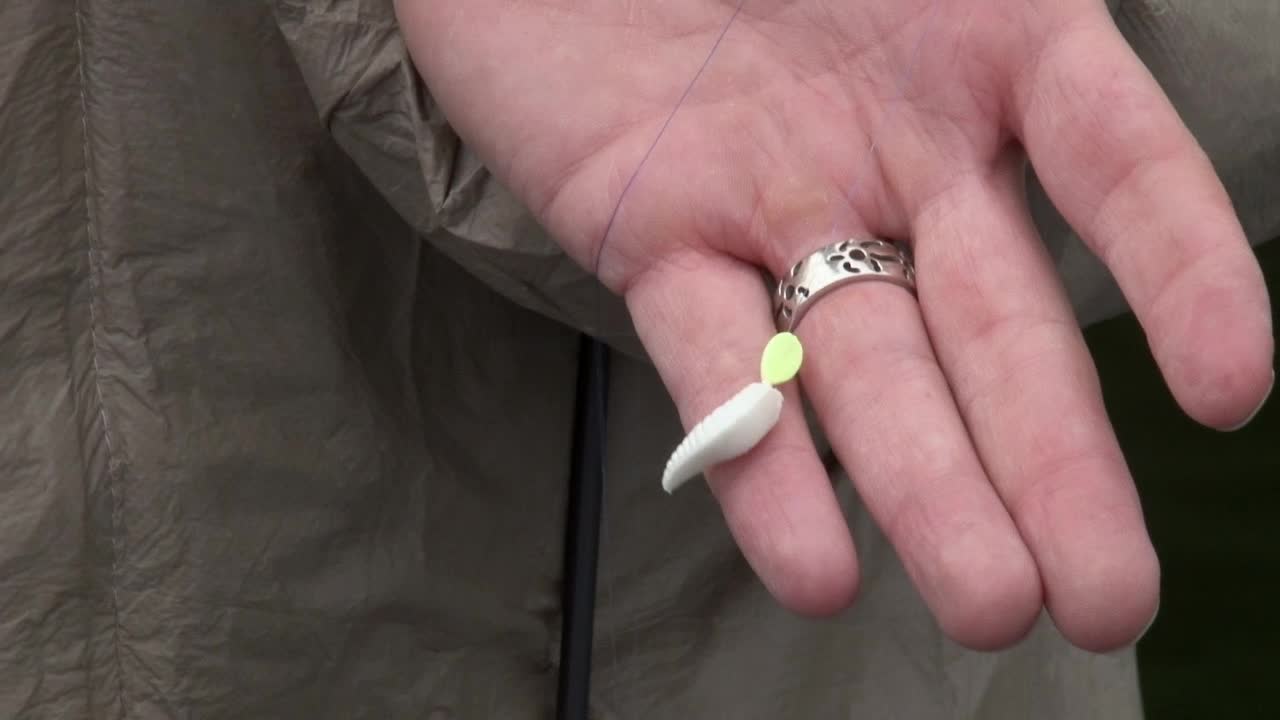 손에 낚싯바늘을 보여주는 사람