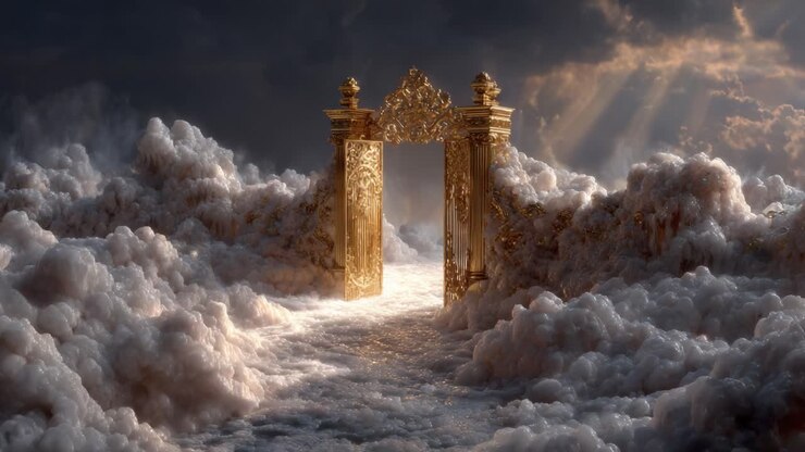A Majestic Golden Gate Opens into a Dreamlike Cloudscape, Illuminated by Radiant Sunlight Streaming Through the Atmospheric Sky, Creating a Celestial Entryway