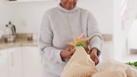 Glückliche-ältere-Afroamerikanische-Frau,-Die-In-Der-Küche-Kocht-Und-Karotten-In-Der-Hand-Hält