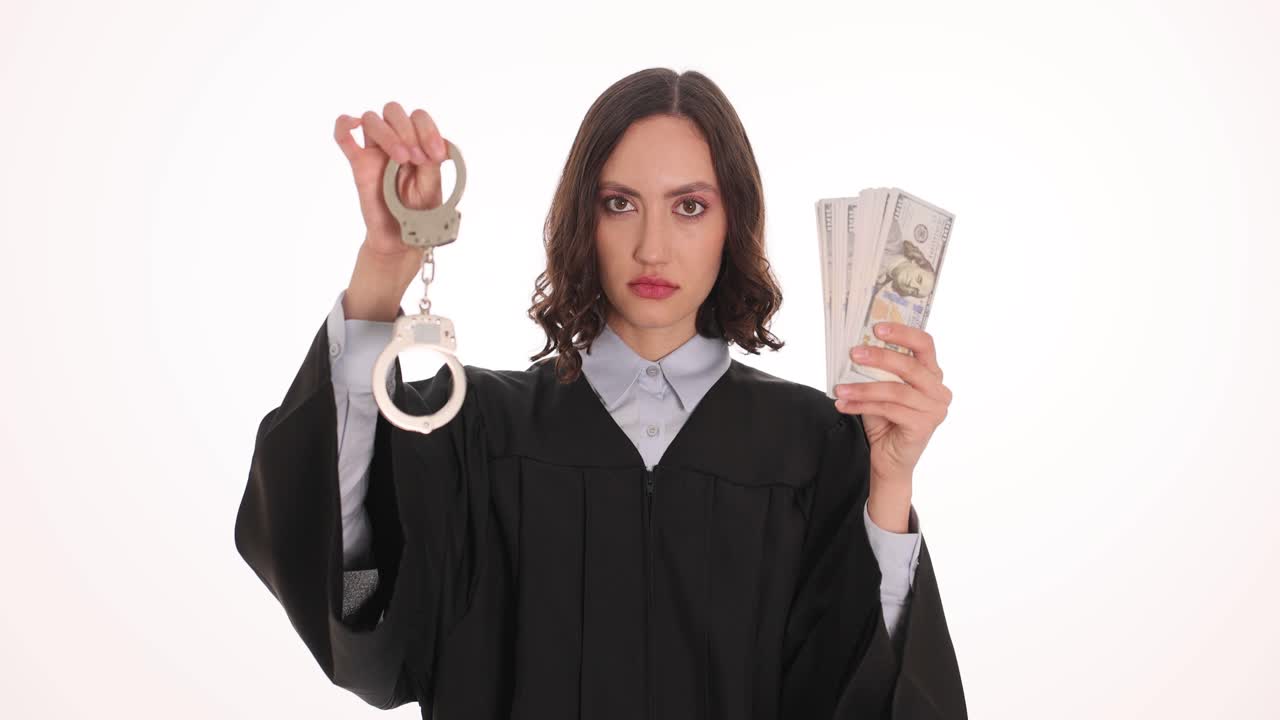 Judge Holding Money and Handcuffs Symbolizing Justice Dilemma
