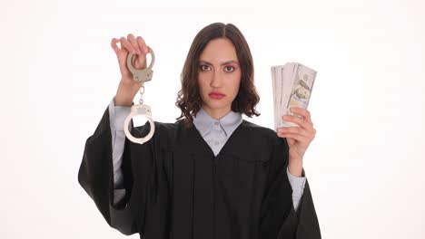 judge holding money and handcuffs symbolizing justice dilemma