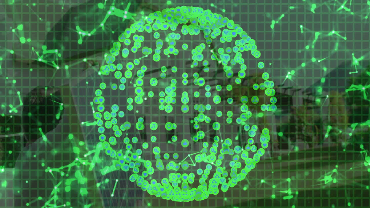 man sitting at desk in technology office, displaying floating connectivity icons over green grid