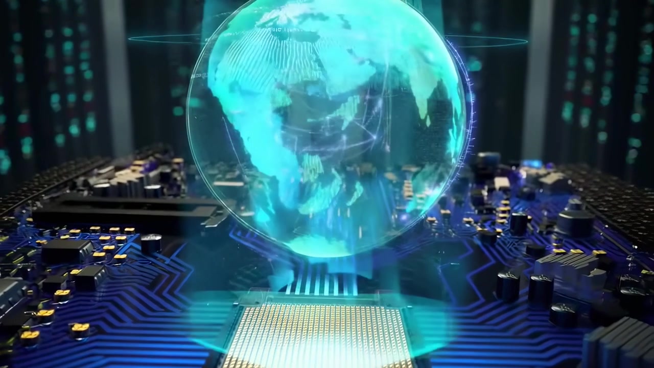 Digital Holographic Globe Rotating Above Computer Circuit Board